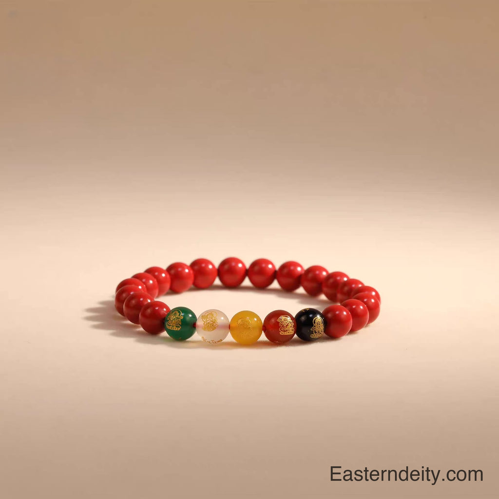 กำไลข้อมือซินนาบาร์ ลวดลายเทพเจ้าแห่งความร่ำรวยทั้งห้าแห่งตะวันออก – สำหรับผู้หญิง
