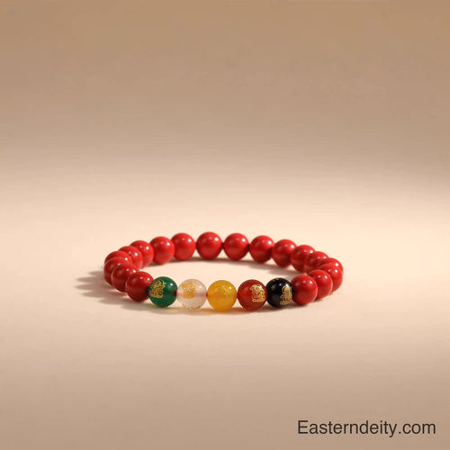 กำไลข้อมือซินนาบาร์ ลวดลายเทพเจ้าแห่งความร่ำรวยทั้งห้าแห่งตะวันออก – สำหรับผู้หญิง