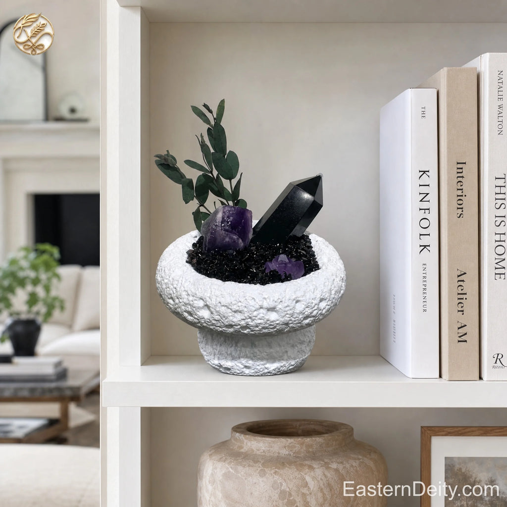 Natural Amethyst Crystal & Botanical Bowl — Aromatherapy Centerpiece