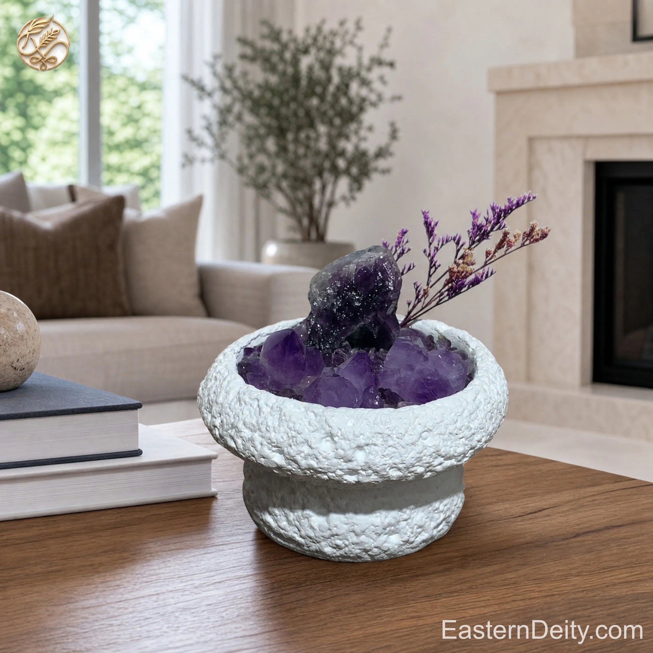 Natural Amethyst Crystal & Botanical Bowl — Aromatherapy Centerpiece