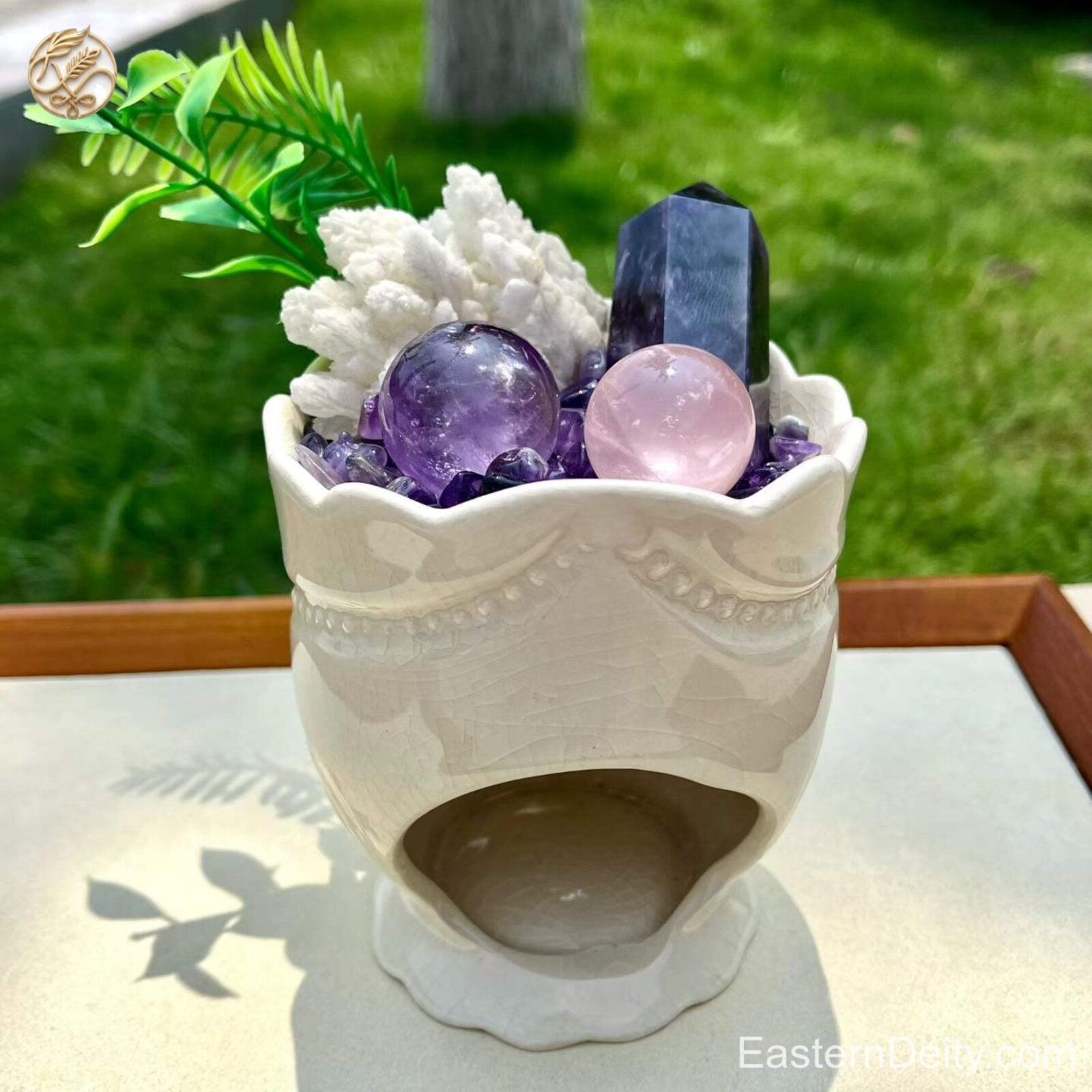 Natural Amethyst Crystal & Botanical Bowl — Aromatherapy Centerpiece