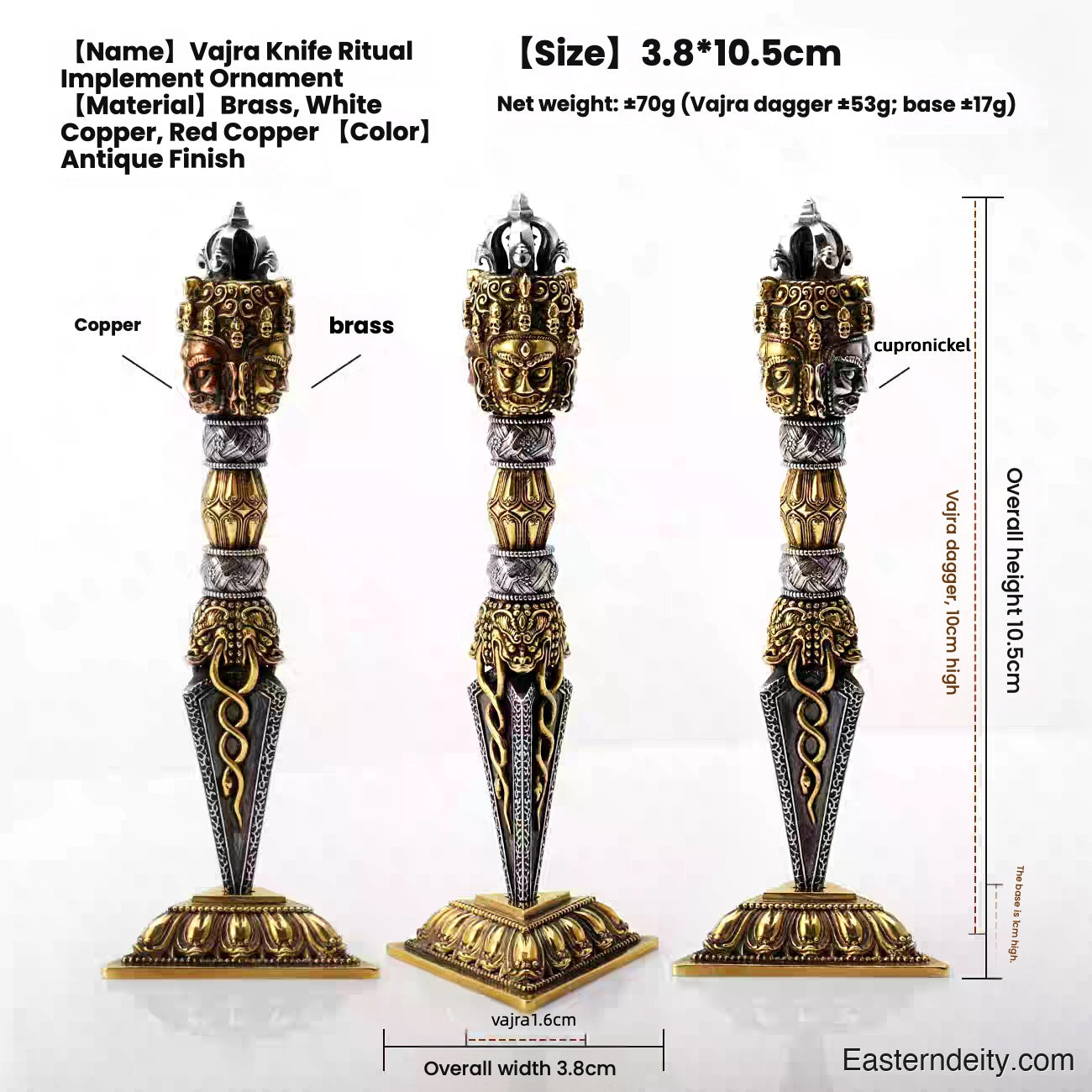 Phurba in rame tricolore — Vajra Kilaya tibetano realizzato a mano
